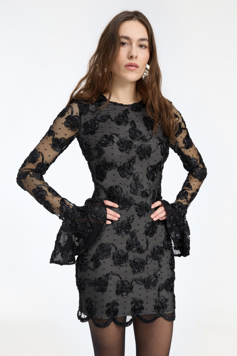FLOWER MESH LS MINI DRESS