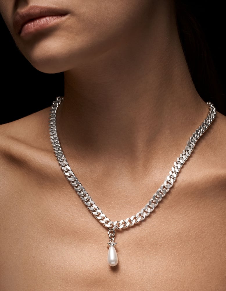 Chunky Chain Drop Pearl Necklace - Silver - Glass Pearl Smykke