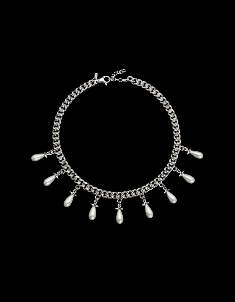 Chunky Chain Pearls Necklace - Silver - Glass Pearl Smykke