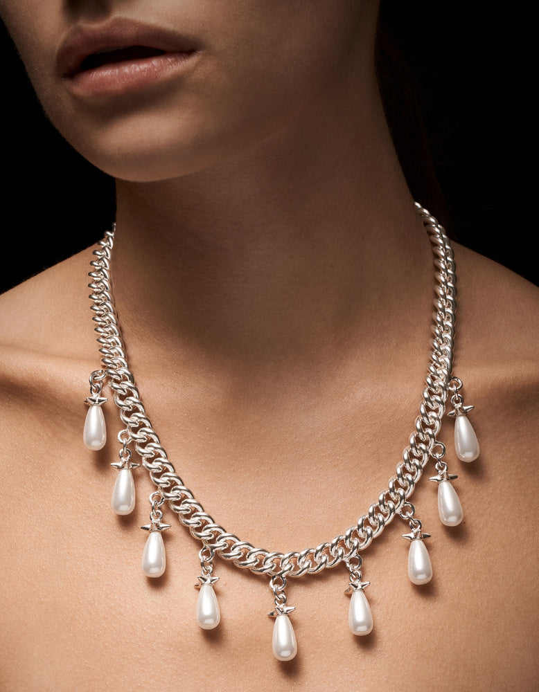Chunky Chain Pearls Necklace - Silver - Glass Pearl Smykke