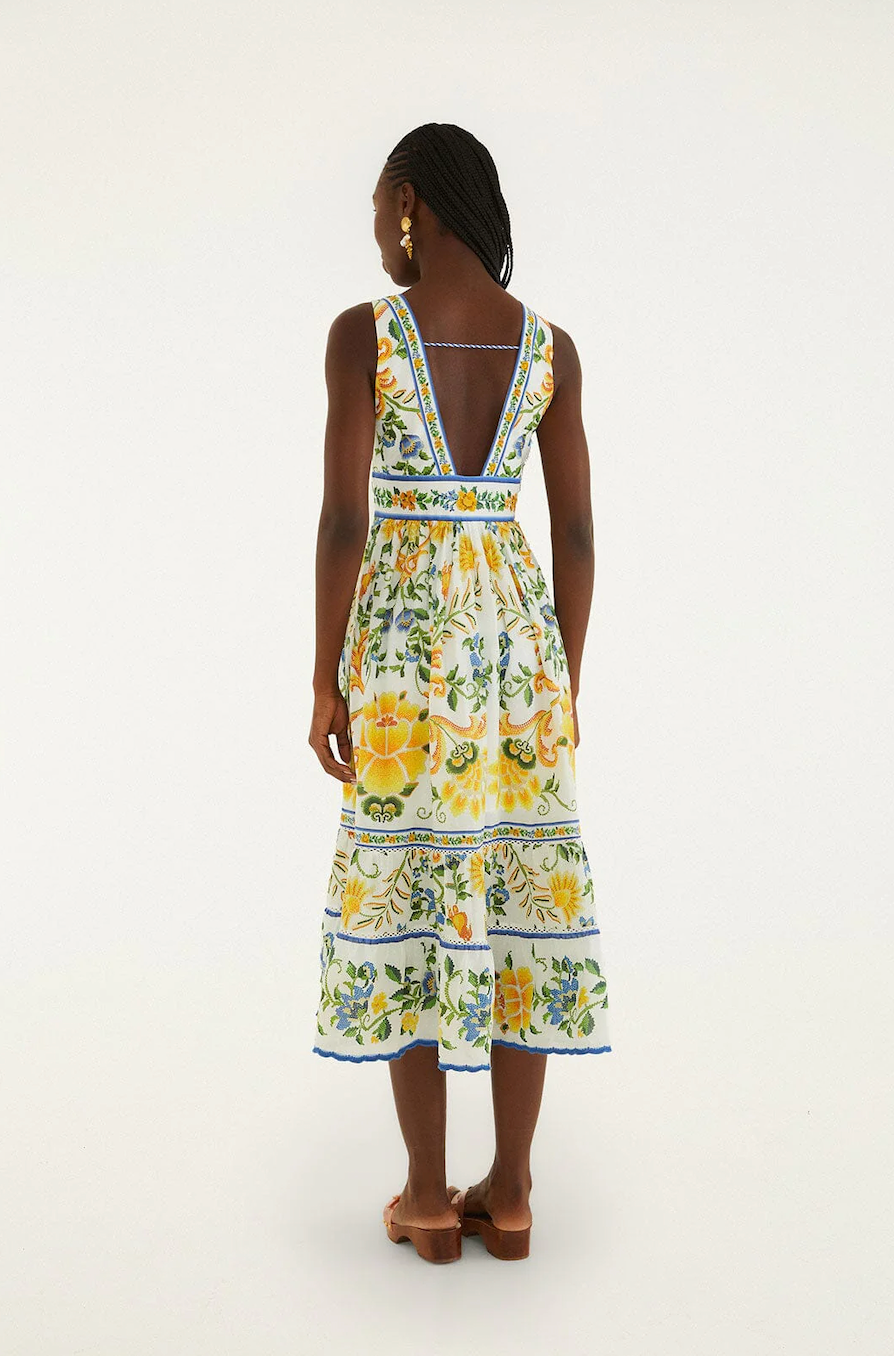 EMILY FLORAL TAPESTRY OFF-WHITE MIDI DRESS