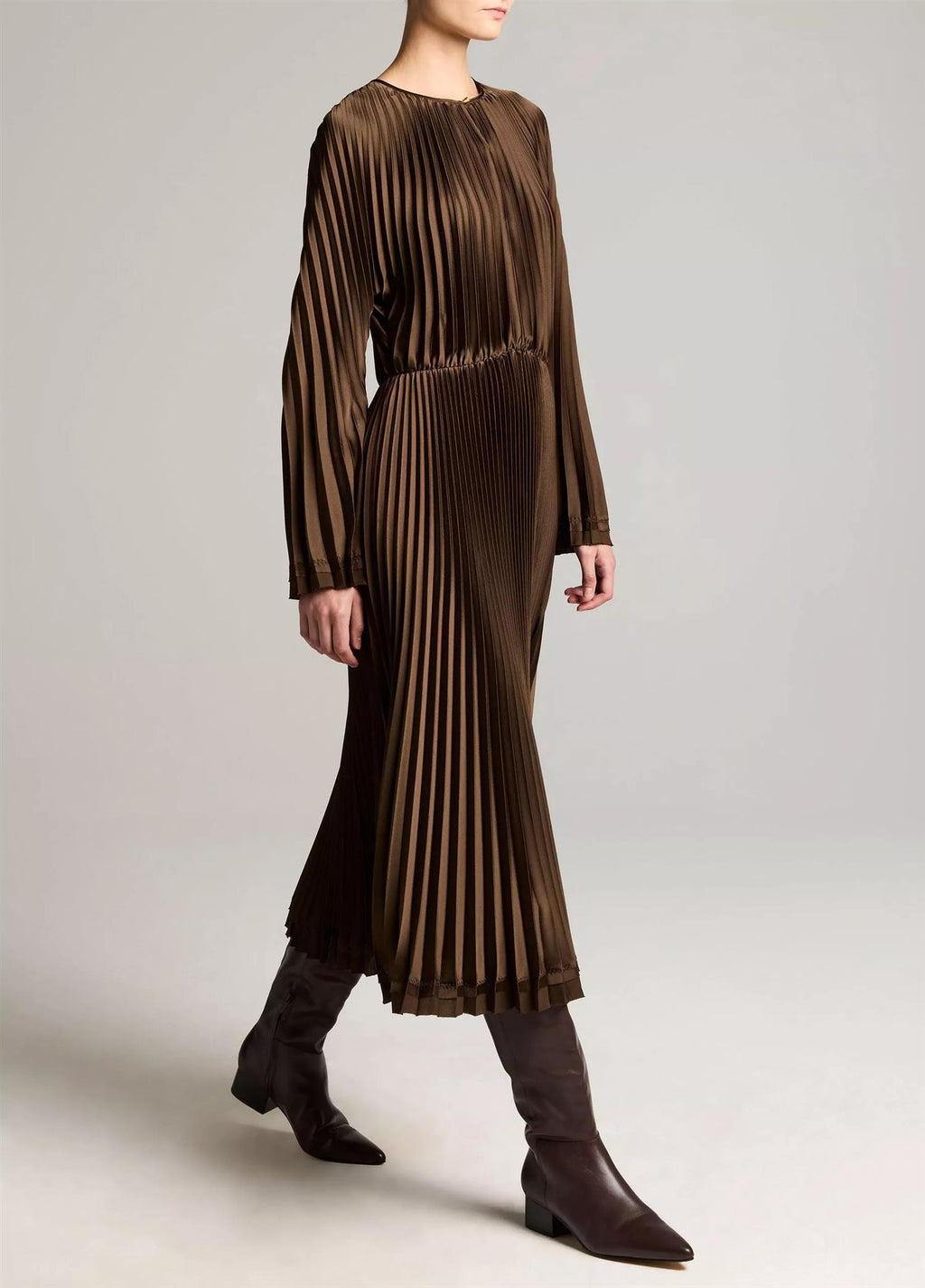 Contrast-Trim Pleated Satin Dress