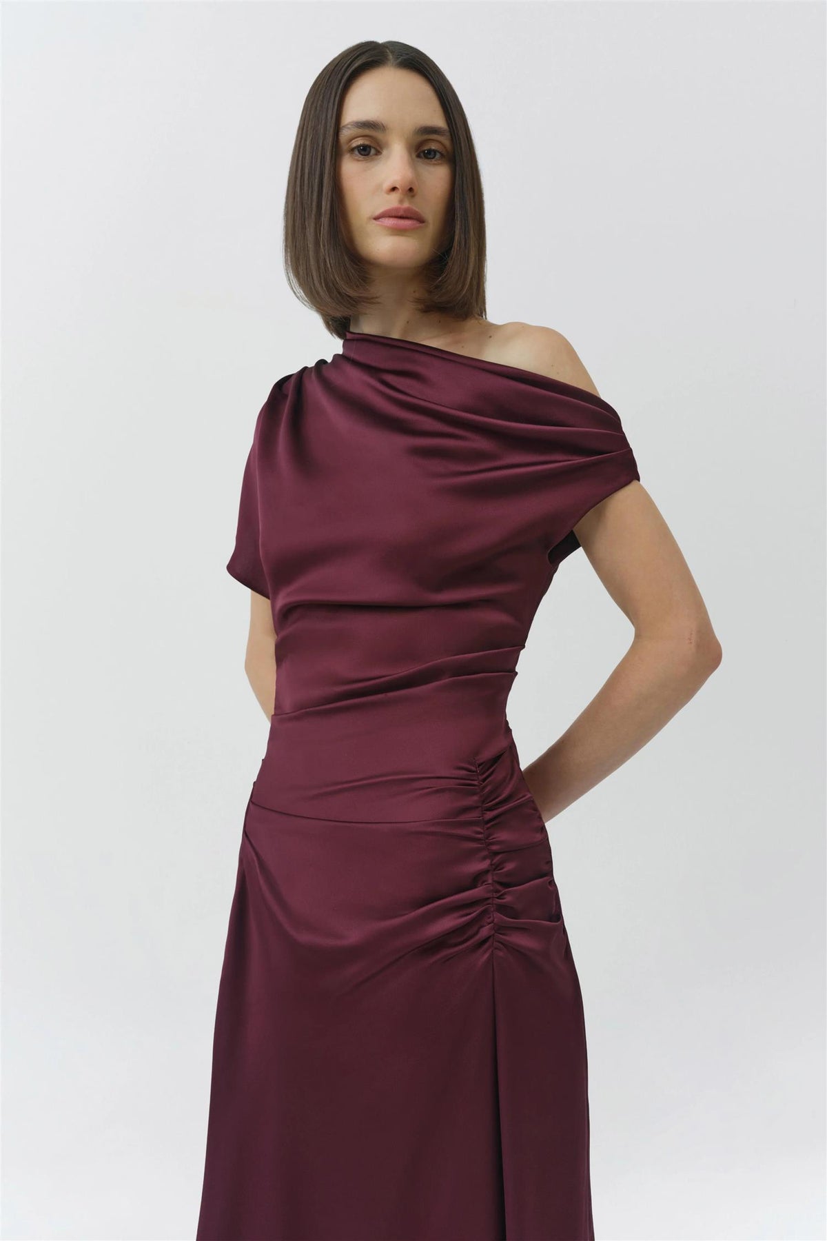 JOANNA ASYMMETRICAL SHOULDER MIDI DRESS