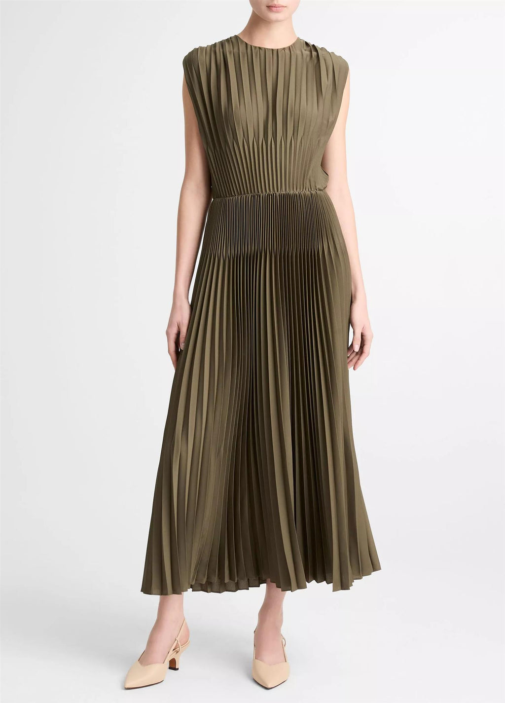 CHEVRON PLEATED CREW NK DRESS