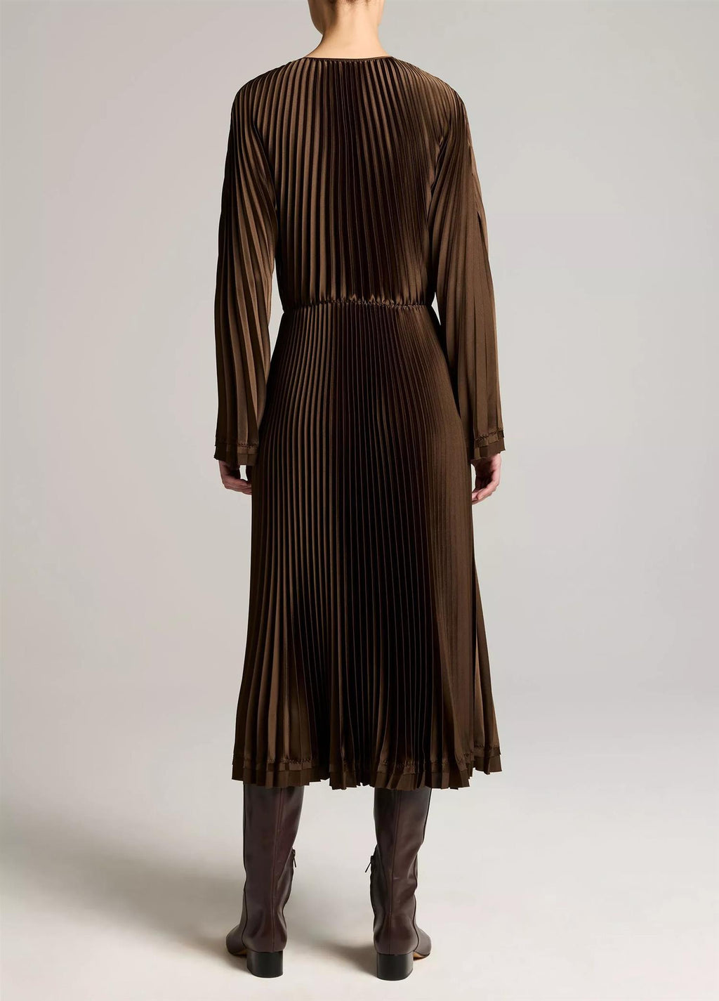 Contrast-Trim Pleated Satin Dress