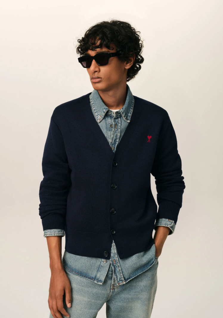 V NECK CARDIGAN WITH AMI DE COEUR