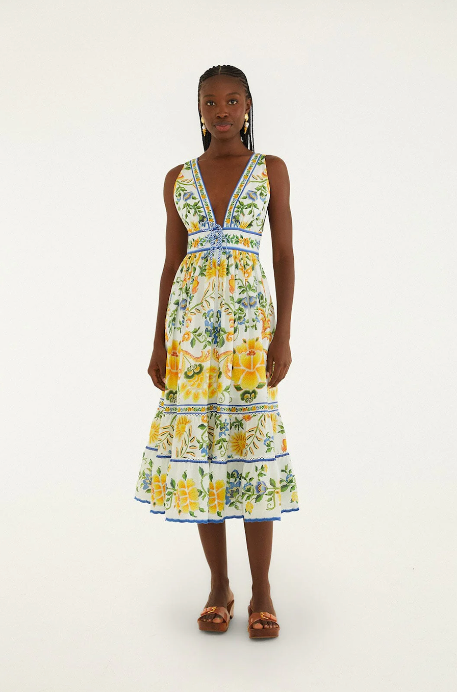 EMILY FLORAL TAPESTRY OFF-WHITE MIDI DRESS