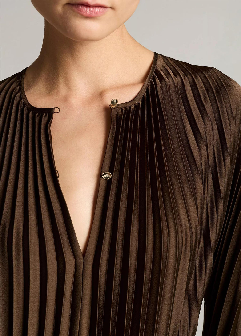 Contrast-Trim Pleated Satin Dress