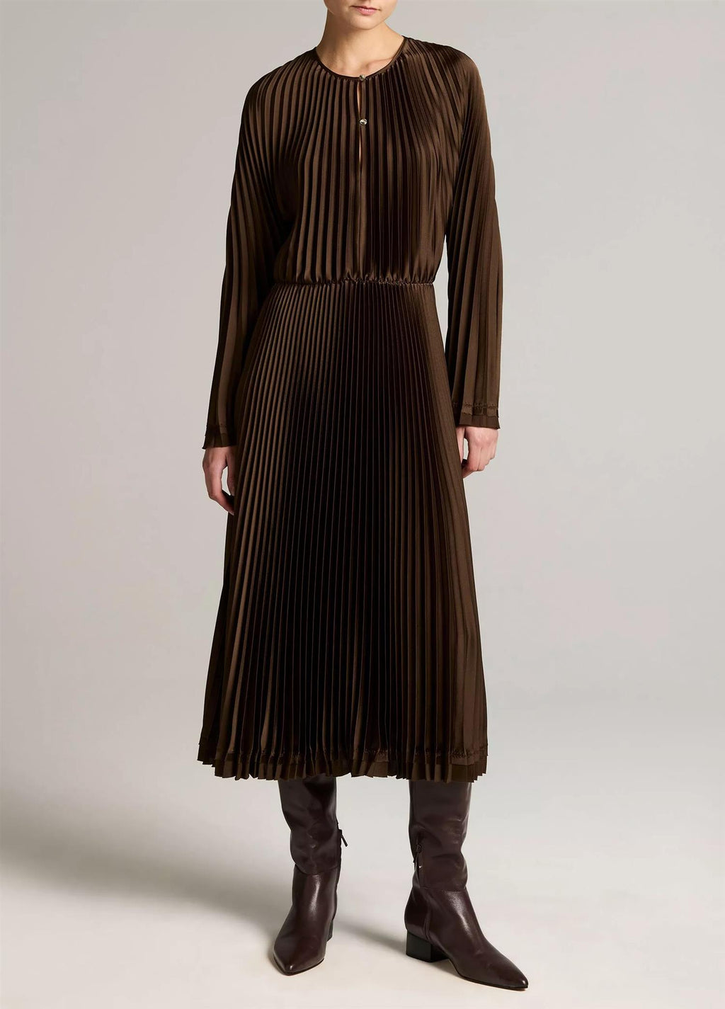 Contrast-Trim Pleated Satin Dress