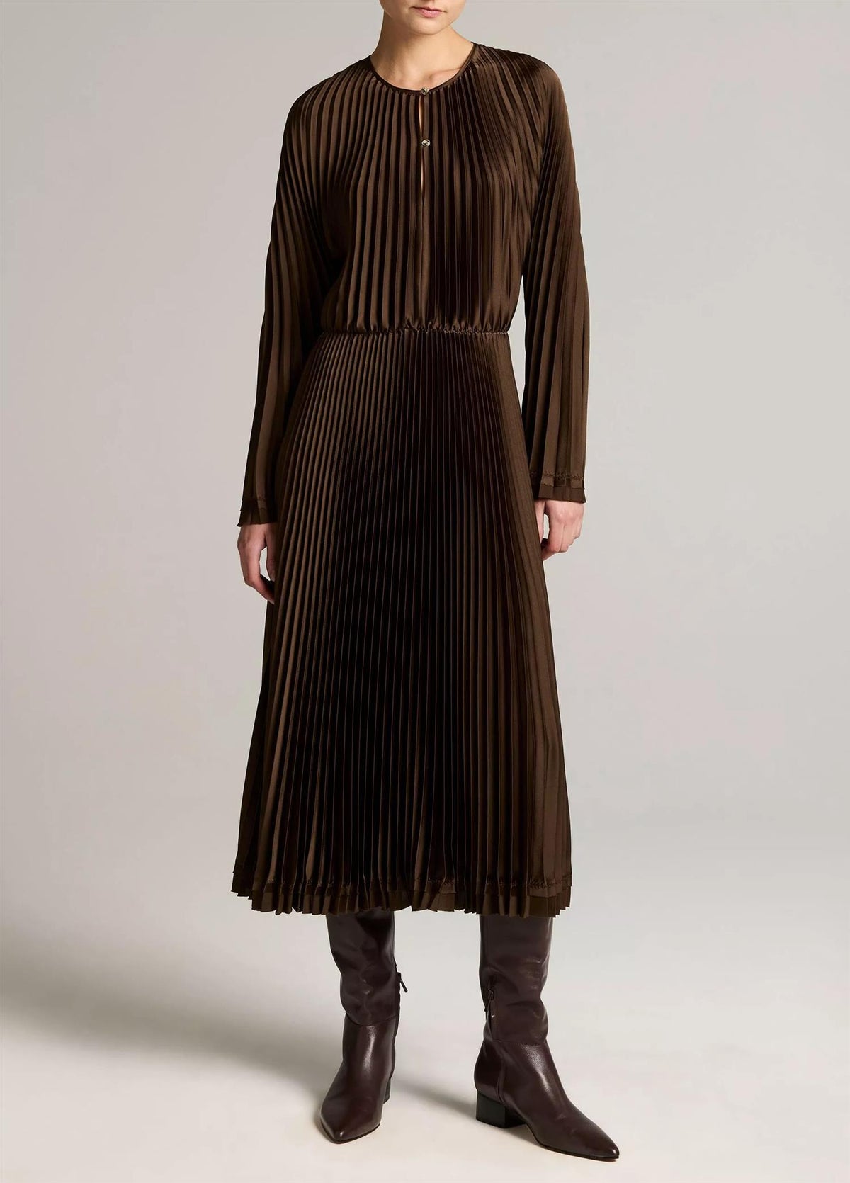 Contrast-Trim Pleated Satin Dress