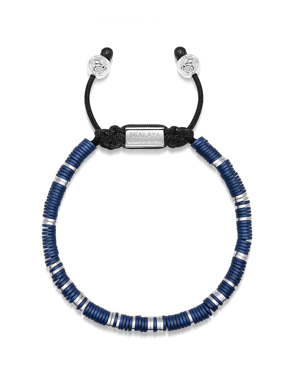 Men's Beaded Bracelet with Dark Blue and Silver Disc Beads Armbånd